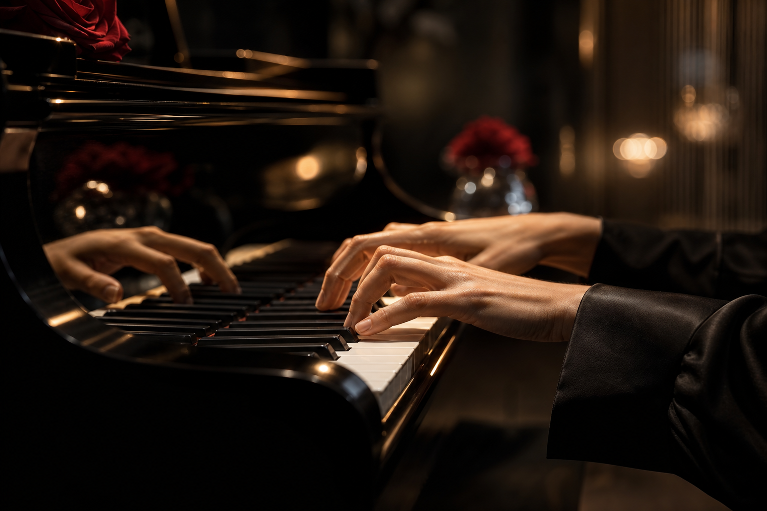 Hands playing a black lacquer grand piano