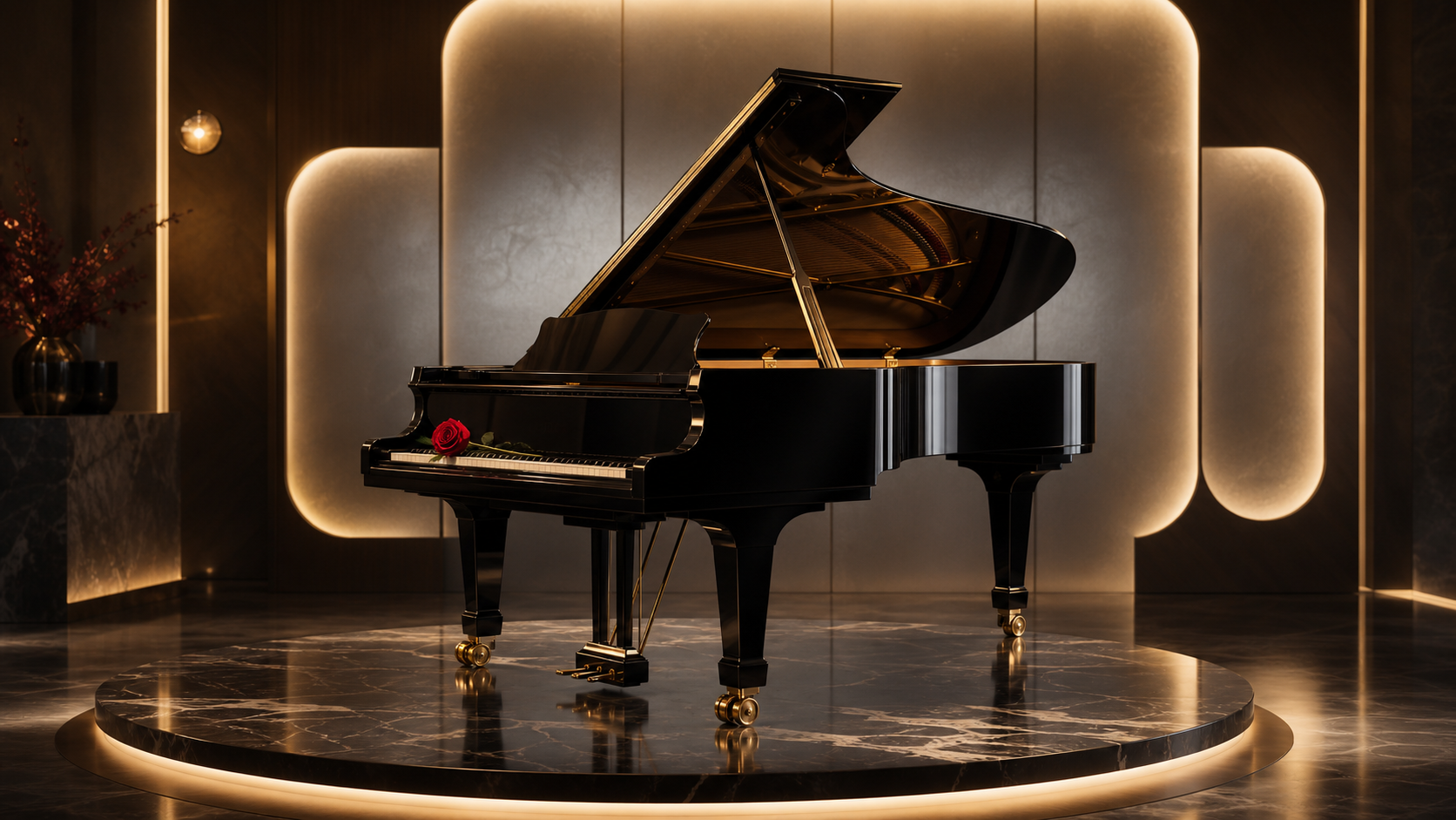 Black lacquer grand piano in warm gold studio light