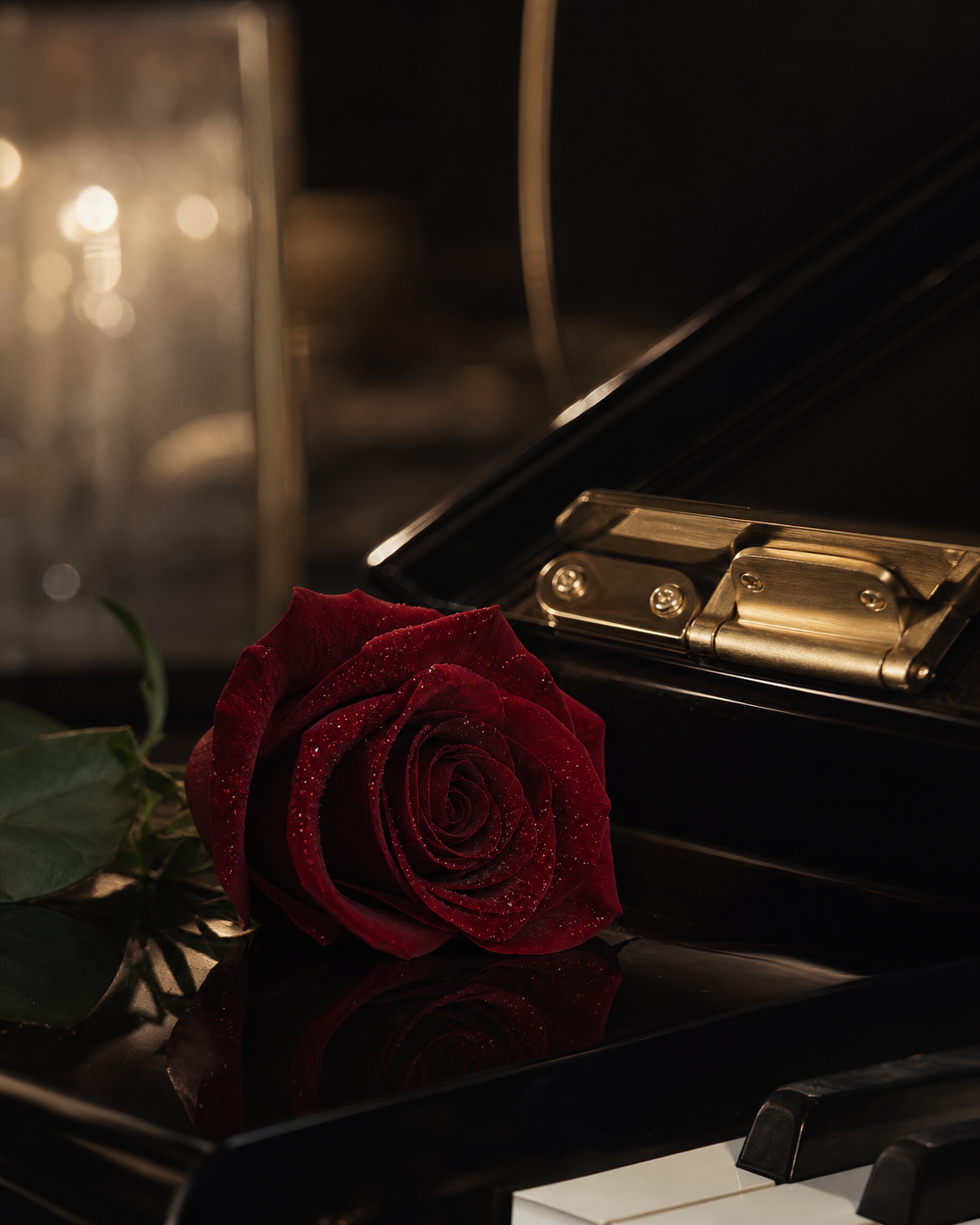 Deep red rose resting on black piano lacquer