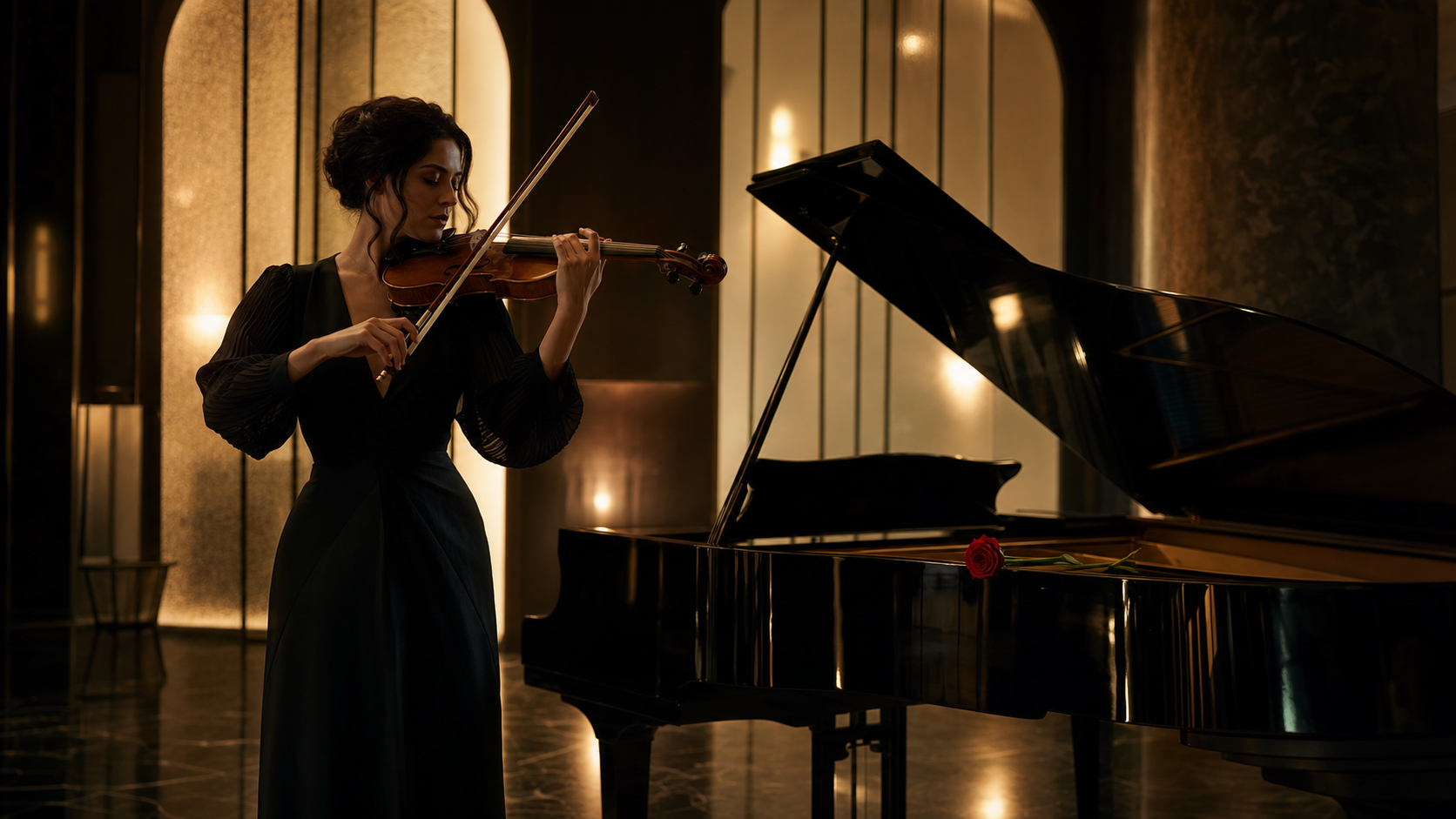 Elegant violinist performing beside a black lacquer grand piano