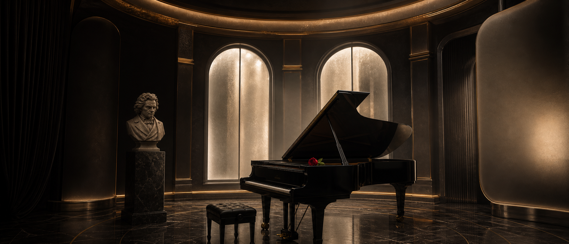 Grand piano in a dark room with a Beethoven bust